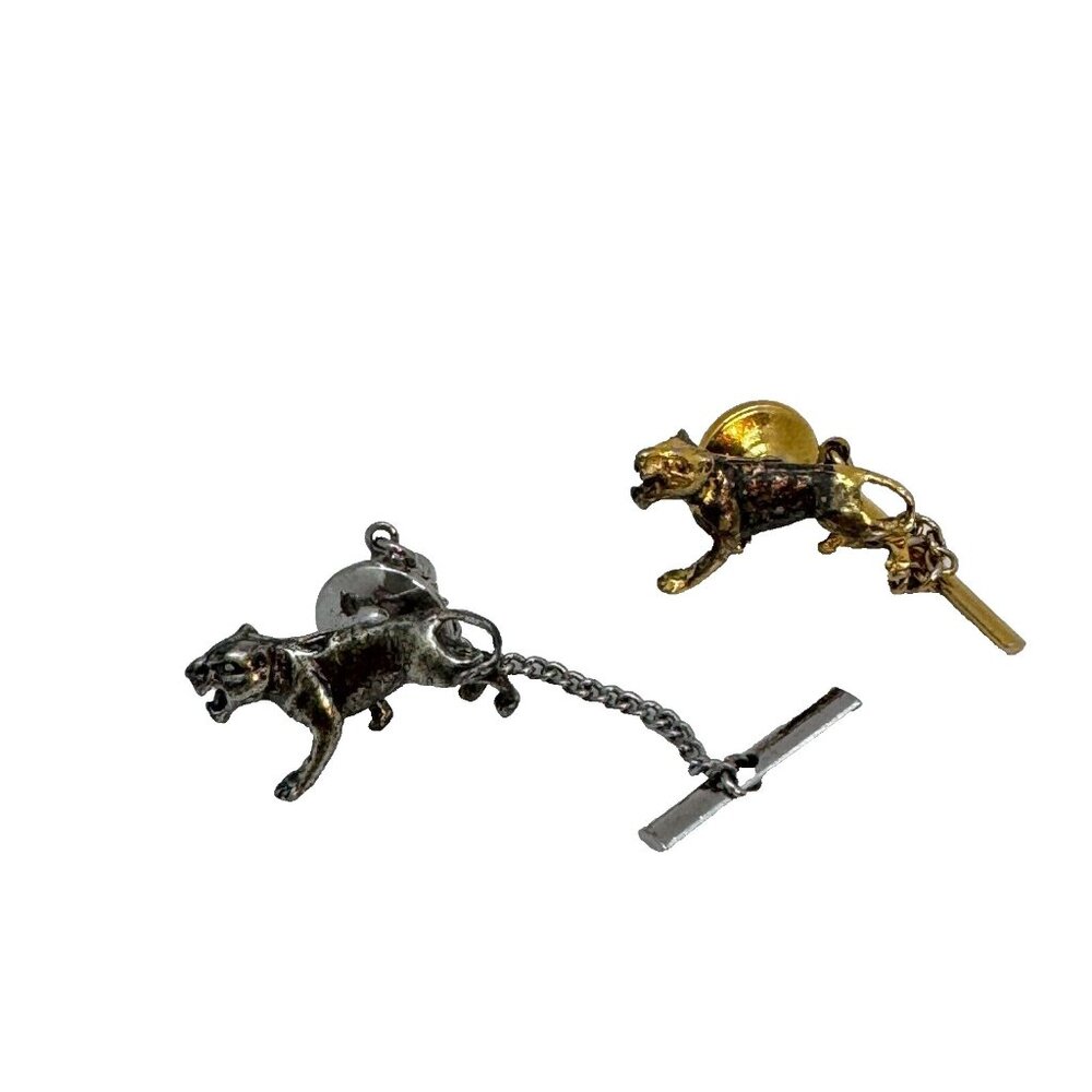 Set Of 2 Vintage Tigers Tie Pin Gold & Silver Tone Exotic Jungle Animal